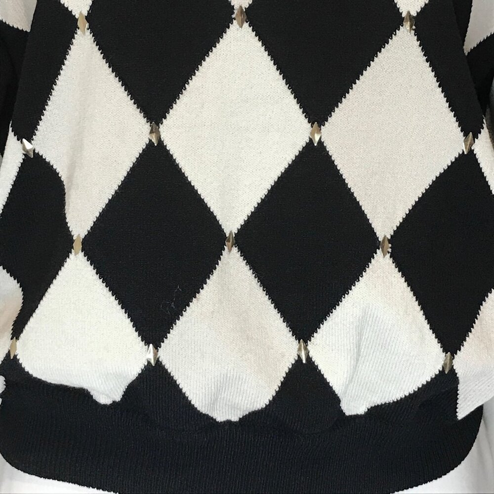 ST. JOHN Argyle Black White Diamond Collared Sweater Top - Size P - Picture 12 of 15